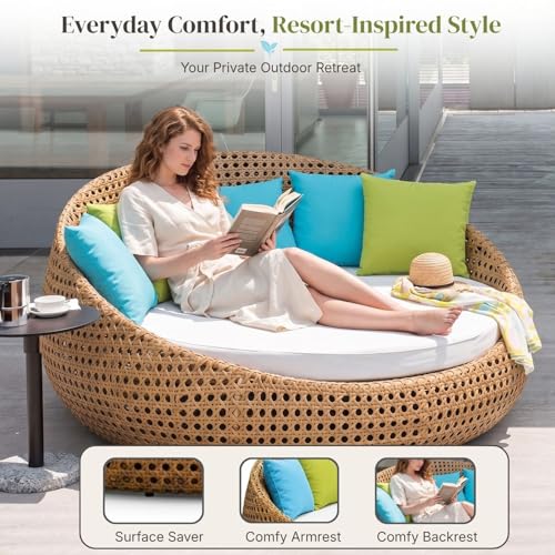 Image of DEVOKO Outdoor Double Seater Wicker Patio Weatherproof Daybed with Water-Resistant Cushions Furniture for Poolside,Garden,Balcony,Terrace(Honey Wicker & White Cushion)