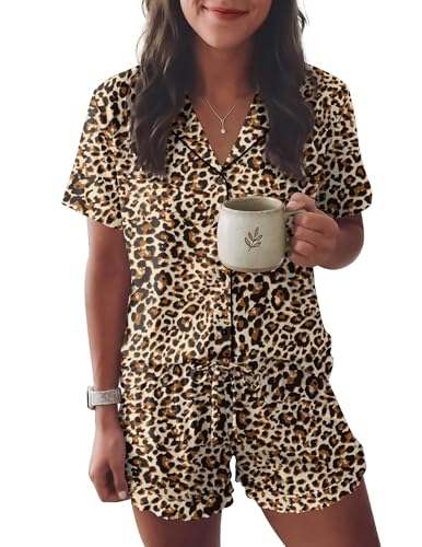 Image of Ekouaer Womens Pajama Sets Button Down Short Sleeve Top and Shorts Cute Ruffled Pjs Sets Sleepwear