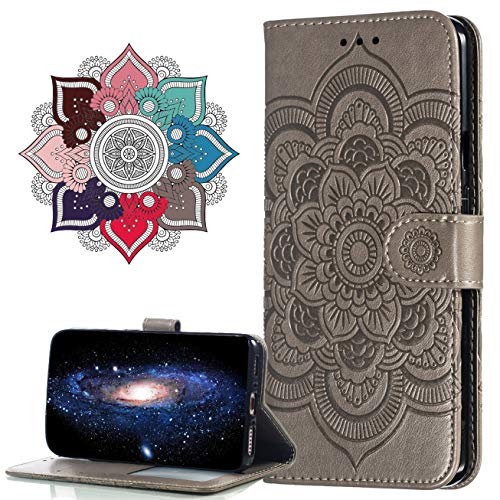 MRSTER Funda para Moto E6 Play, Estampado Mandala Libro de Cuero Billetera Carcasa, PU Leather Flip Folio Case Compatible con Motorola Moto E6 Play. LD Mandala Grey