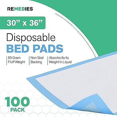 Remedies - Disposable Bed Pads 30" x 36" - 100 Count - Large Bed Pads for Incontinence - Seniors, Adults & Kids Chucks Pads - Adult Absorbent Incontinence Disposable Underpads for Beds & Furniture