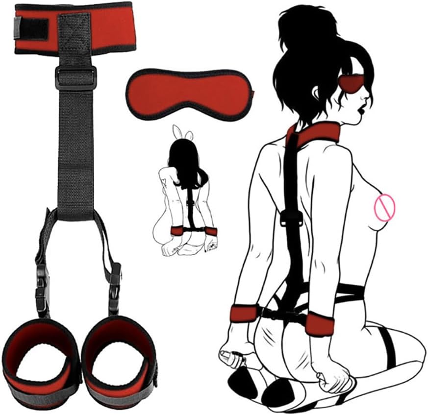Generic Set Behind Back Handcuffs Collar with Blindfold Adjustable Bondage Gear & Accessories BDSM Neck to Wrist Bondage Restraints,SM Games for Couple Sweater 22Ju, Red
