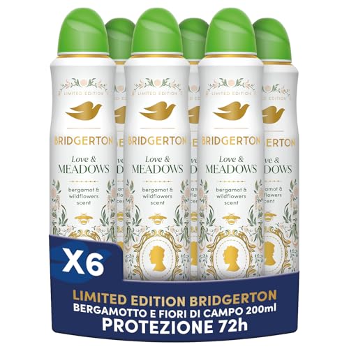 Dove Deodorante Spray Advanced Care Bridgerton Love Meadows, Limited Edition, Protezione 72 Ore Sudore e Odori, con Pro-Ceramide Technology, Fragranza Bergamotto e Fiori di Campo, 6 Pezzi da 200 ml