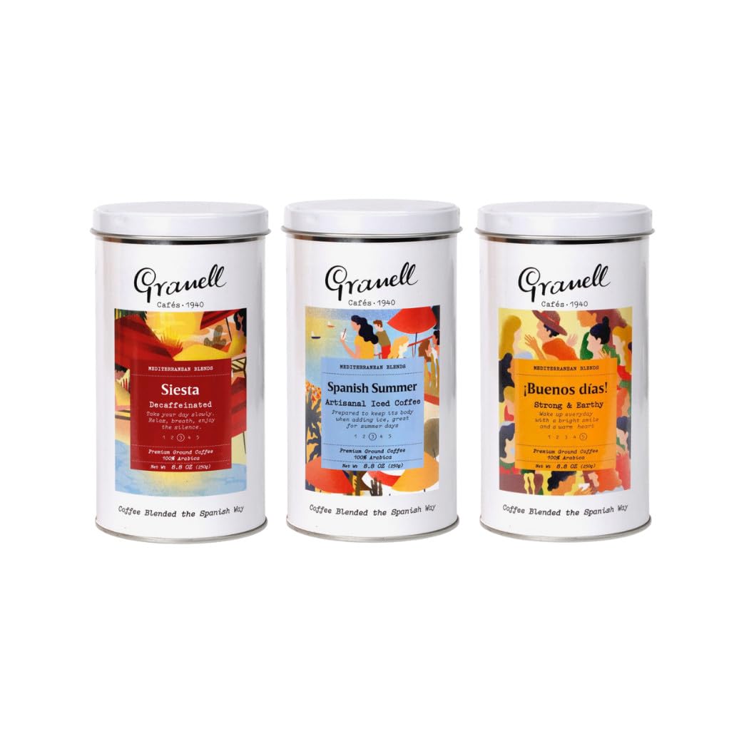 Granell - Mediterranean Blends - Kaffee Geschenkset 3er Pack | 100% Arabica Kaffee Gemahlen: Buenos Días, Spanish Summer und Siesta Kaffee - Probierset für Kaffeeliebhaber - 3 x 250 g