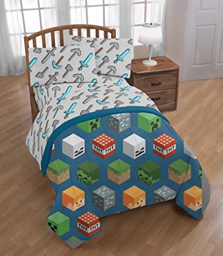 Image of Minecraft Creeper Full Comforter Set 5 Piece Kids Bedding for Boys, Blue | Zombie Steve, Bed in a Bag, Comforter Sheets Pillowcases, Official Product, Soft Microfiber, Machine Washable, Boys Gift