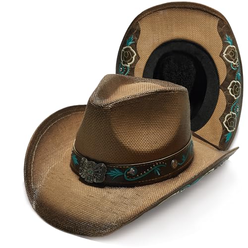 Image of YOUBADU Western Straw Cowboy and Cowgirl Hats with Decorative Bands - Unisex Wide Brim Raffia Style Sun Hat