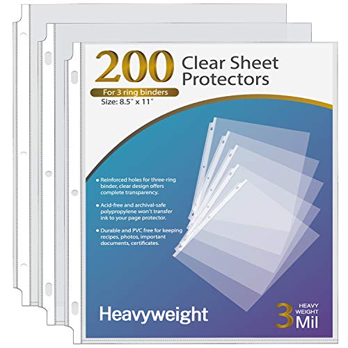 Ktrio Heavyweight 3 Mil Sheet Protectors 8.5 x 11 Inches, Clear Page Protectors for 3 Ring Binder, Plastic Sleeves for Binders, Top Loading Paper Protector Letter Size, 200 Pack