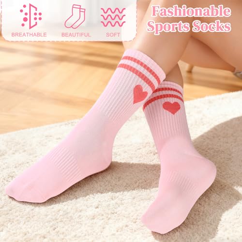 Image of Jspupifip Heart Socks 6 Pairs Crew Athletic Cotton Women Striped Socks with Retro Stripes Hearts
