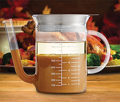 HIC Gravy Strainer and Fat Separator, Heat-Safe Borosilicate Glass with 18/8 Stainless Steel Fine-Mesh Filter and Pierced Strainer, 4-Cup (32-Ounce) Capacity