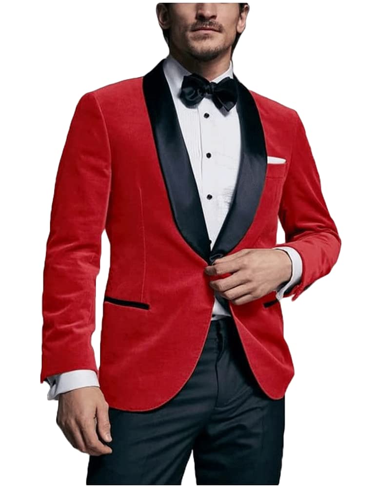 Botong Men's Red Shawl Lapel Velvet Blazer One Button Tuxedos Jacket Wedding Party Coat 44/38