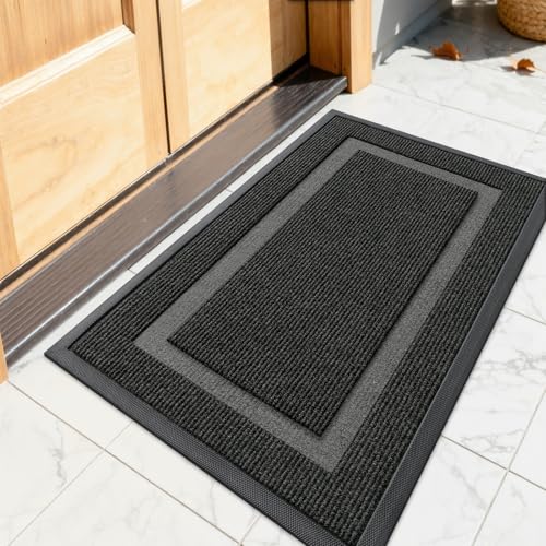 Image of OLANLY Front Door Mat Indoor Outdoor Entrance, Waterproof All-Season, All-Weather Doormat, Sturdy Natural Rubber, Fade Resistant, Low Profile, Easy Clean Patio Porch Entryway Mat, 23.5x15.5, Black