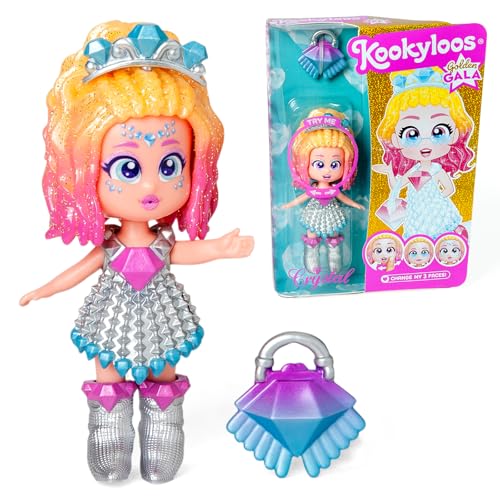 KOOKYLOOS Serie Golden Gala Crystal, Muñeca Coleccionable de la Serie Golden Gala, Contiene la muñeca Crystal, 1 Bolso, Ropa y Zapatos de Moda y 1 Accesorio, 1 muñeca, 3 Caras Diferentes