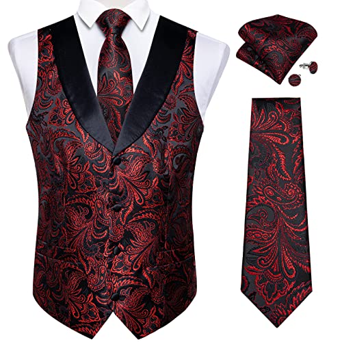 Image of DiBanGu Black Red Mens Vest Paisley Suit Vest Slim Fit Formal Waistcoat with Tie Pocket Square Cufflinks Silk Wedding