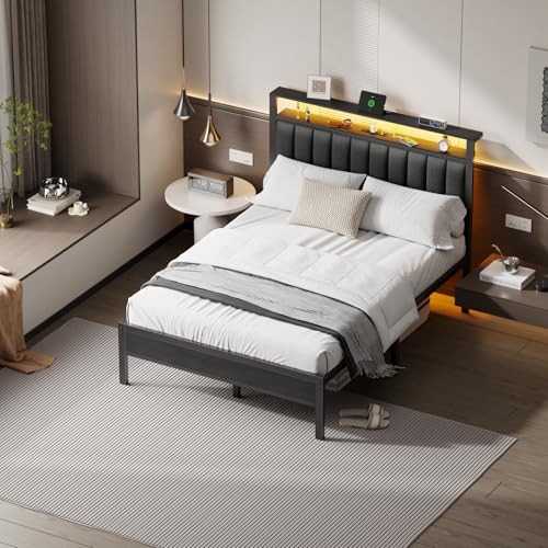 Image of Furnulem Queen Size Bed Frame with Charging Station and LED Lights, Platform Bed with Metal Slats, Grey Upholstered Headboard with 2-Tier Storage Shelves, No Box Spring Needed