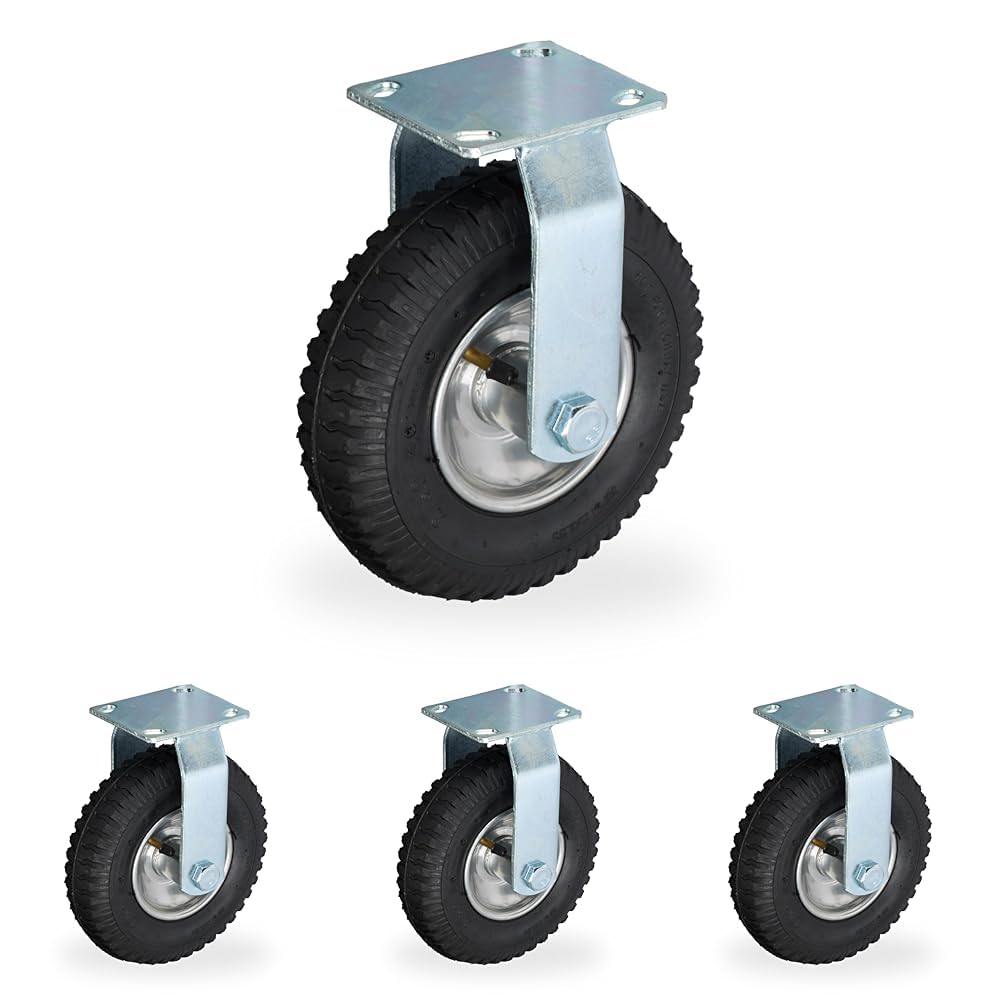 Relaxdays Bockrolle, 2.50-4, Traglast 120 kg, Gummi, Stahlplatte, luftbereift, Schwerlastrad, Gummirolle, schwarz/silber (Packung mit 4)