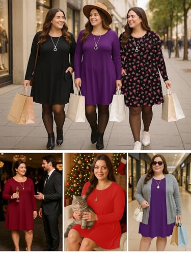Image of AusLook Women's Plus Midi Dress Long Sleeve Crew Neck A-Line Swing Flowy Vacation Fall Wedding Guest Dresses with Pocket 1-5X