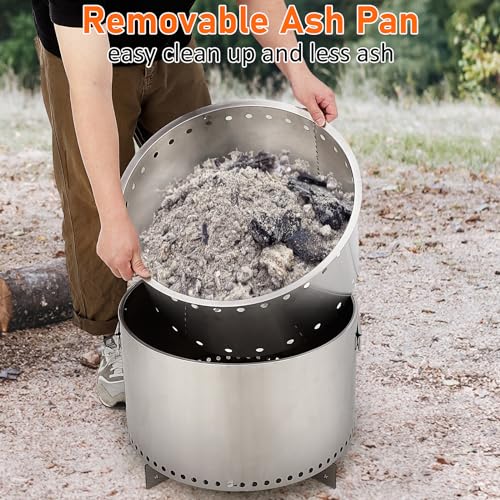 20.5 Inch Portable Smokeless Fire Pit with Stand, Handles Design, Stainless Steel Stove Wood Burning, Removable Ash Pan, for Camping, Garden, Backyard