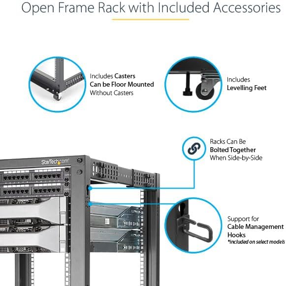 StarTech.com 4-Post 12U Mobile Open Frame Server Rack, 19in Network Rack with Wheels, Rolling Rack for Computer/AV/Data/IT Equipment - Casters, Leveling Feet or Floor Mounting (4POSTRACK12U) - Image 4