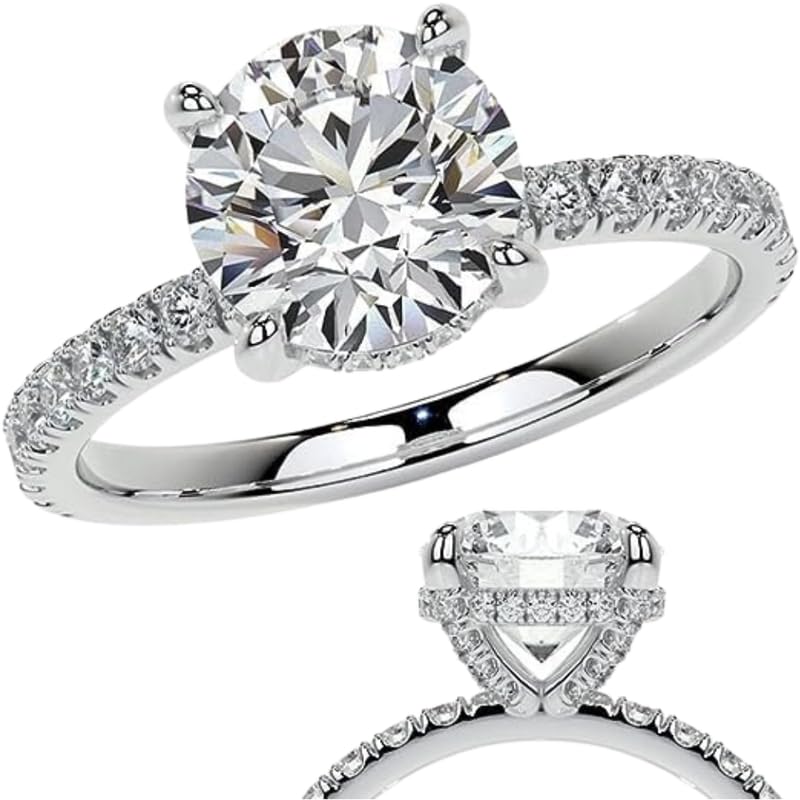 3 Carat Round Lab Created Diamond Pave Basket Hidden Halo Prong Set Stones IGI Engagement Ring,14k Gold,Women, (2 Ct, G-H/VS1-VS2,Center)