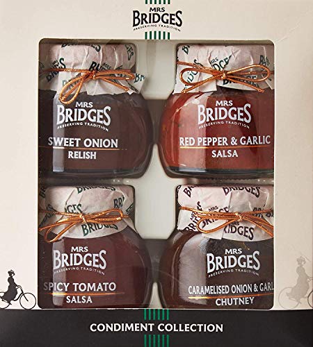 Mrs Bridges Condiment Collection, 3.5 Ounce (Sweet Onion Relish, Red Pepper & Garlic Salsa, Spicy Tomato Salsa, and Caramelized Onion & Garlic Chutney)