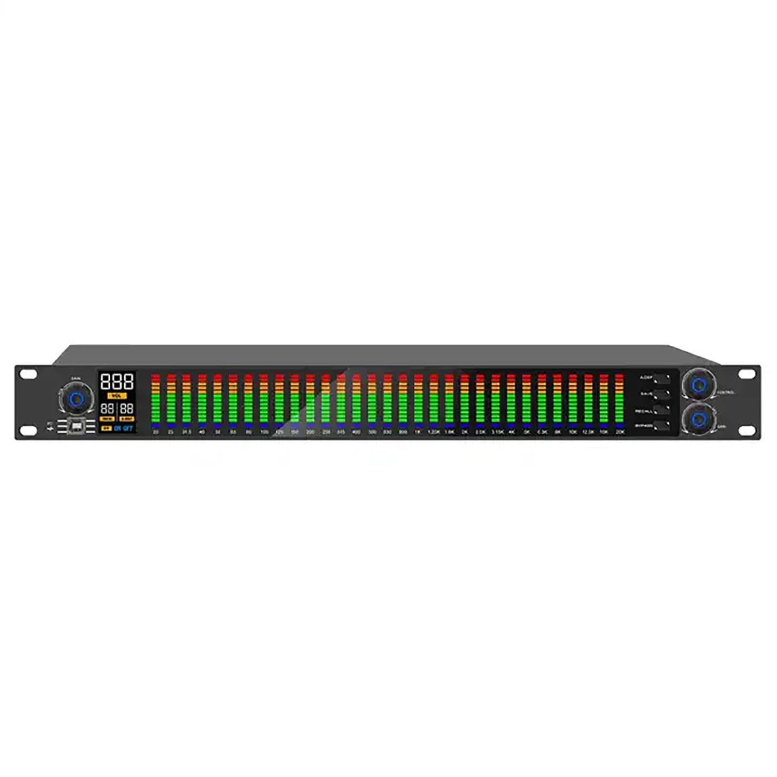 31-Band-Stereo-Grafik-Equalizer, 2-Kanal-Grafik-Equalizer, LED-Spektrumanzeige, 10 voreingestellte Effekte, automatische Rauschunterdrückung und PC-Tuning, Studio-Signalprozessor