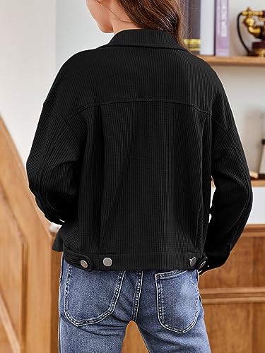 Galawaqe Kid Girls Waffle Knit Shacket Jackets Lightweight Cropped Shacket Long Sleeve Button Down Shirts For 5-14 Years #TOP2