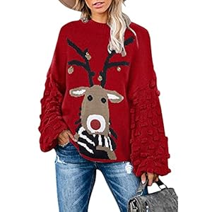 Sovoyontee Women’s Cute Funny Ugly Christmas Sweater Puff Sleeve Snowflake Reindeer Holiday Oversized Knit Pullover