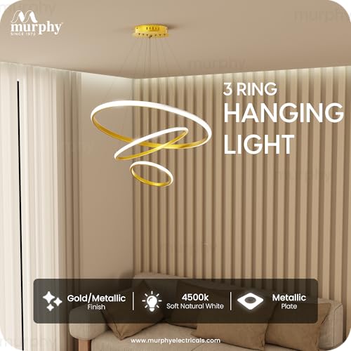 Image of Murphy 3 Ring Modern LED Chandelier Ceiling Lamp | Gold Finish Pendant Light with 3 Color Modes (Cool White, Warm White, Natural White) for Living Room, Hall, Dining, Lobby - Pack of 1