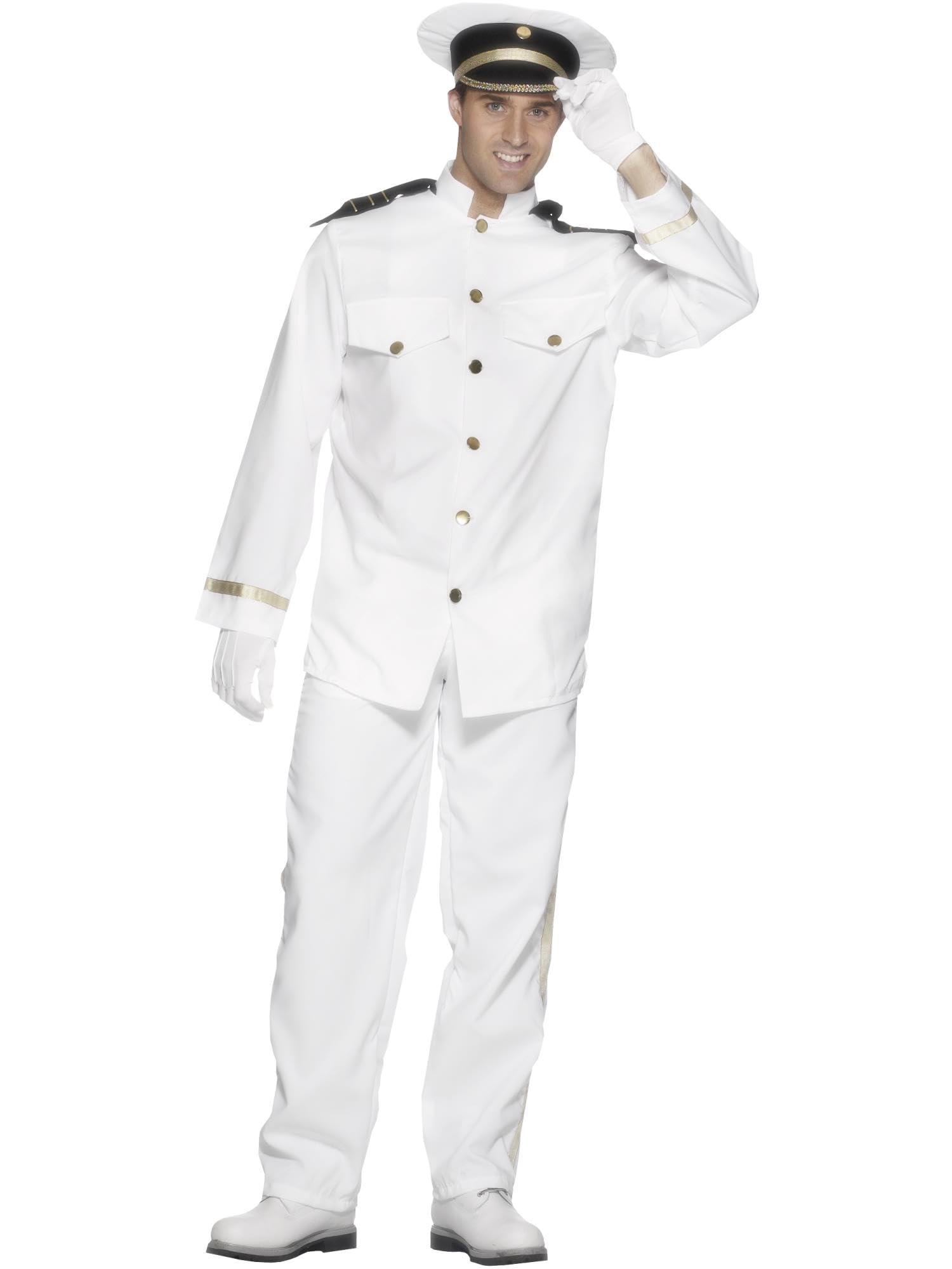 Smiffys Captain Costume, White with Jacket, Trousers, Cap and Gloves, Land, Sea and Air Forces Fancy Dress, Adult Dress Up Costumes