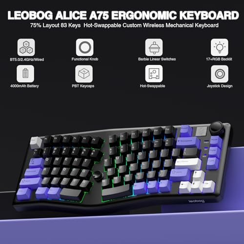 Image of CORBOBO x LEOBOG A75 Alice Ergonomic Keyboard, Wireless Mechanical Gaming Keyboard Tri-Mode BT5.0 /2.4G /Wired with Joystick and Knob, 75% Layout RGB Backlit Hot Swappable Linear Switches for Win