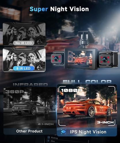 Image of 360 Dash Cam Front and Rear Inside Left Right, 4 Channel FHD 1080P Dash Cam for Cars, 3 Inch IPS Dashcams with Night Vision, Loop Recording, 24H Parking Mode Monitor, Reverse View