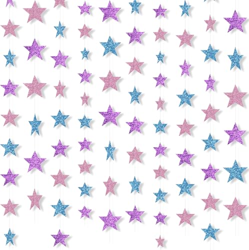 Image of Patelai Glitter Star Garland Banner 2026 Graduation Decor 130 Feet Star Hanging Banner Twinkle Backdrop for Party Birthday Classroom Wedding Supplies (Purple, Pink, Blue)