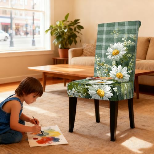 Image of Nuxovilar 6PCS Daisy Plaid Pattern Milk Silk Dining Seat Covers | Stretch Slipcover Retro Protector Floral Plaid Wrap Seat Guard Dining Room Kitchen Breakfast Nook (Daisy Plaid)
