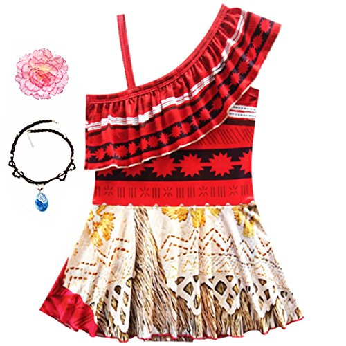 Girls' Princess One-Piece Mo ana Swimsuit Bathing Suit Digital Print Adventure Halloween Christmas Dress up Bikini Skirt Swimwear Outfit Costume with Necklace and Flower (110(5/6Y), Flounce Ruffled)