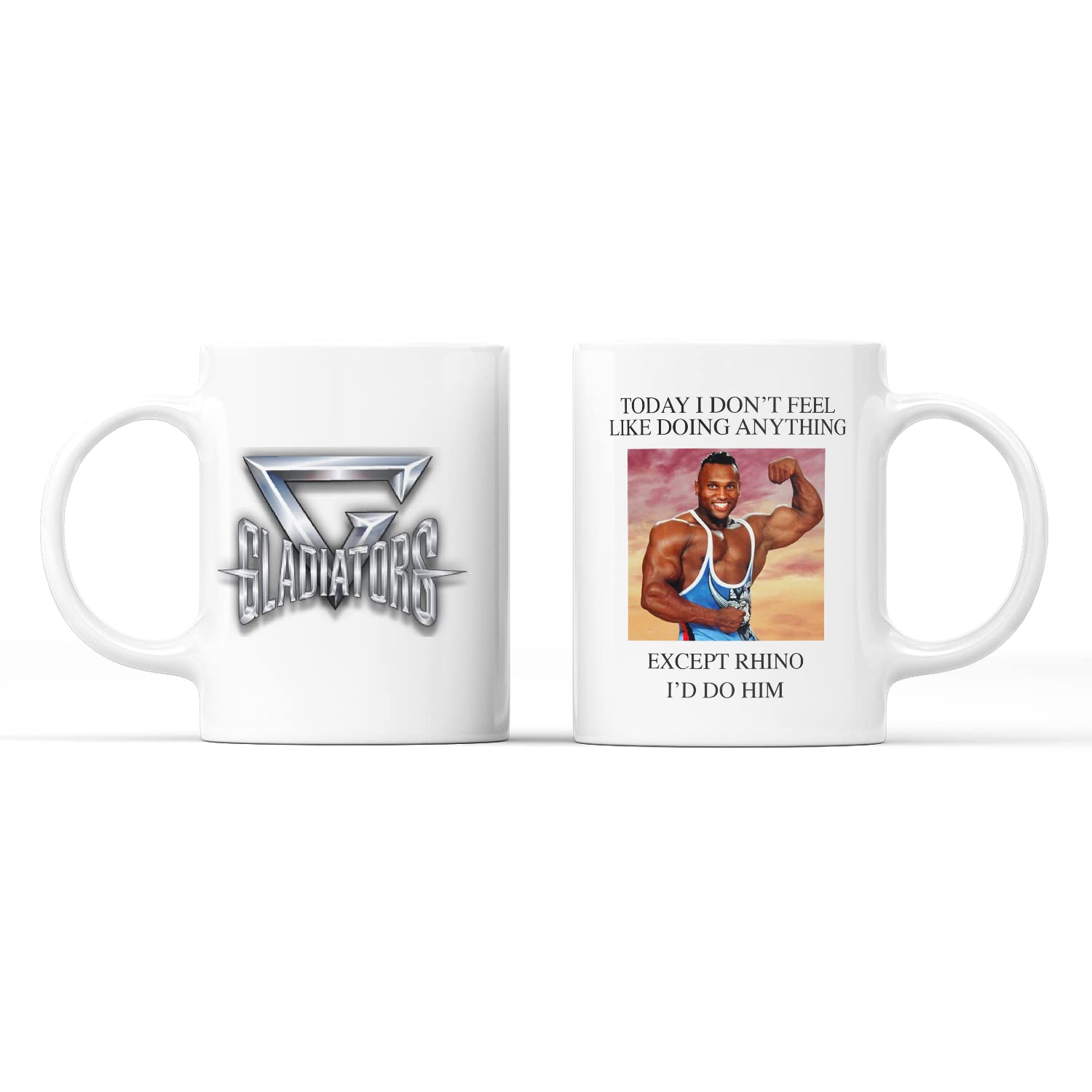 SMARTYPANTS Gladiator Male Character Mug Tea Coffee Cup - Retro 90's TV Game Sport Eliminator Contestant Team Cobra Hunter Rhino Saracen Trojan Warrior Wolf Gift Present (White Handle - Rhino)