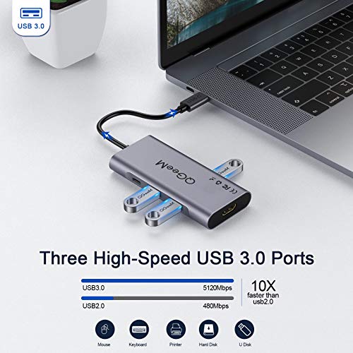 QGeeM Hub USB C Adattatore Multiporta 7 in 1 Adattatore da USB C a HDMI 4K, 100W di Alimentazione, 3 Porte USB 3.0, Lettori di Schede SD/TF Compatibile con MacBook PRO 13/15 (Thunderbolt 3), di più