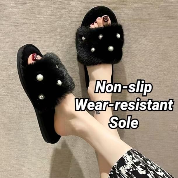 Women's Fluffy Fuzzy Slippers Memory Foam Open Toe Pearl Comfy House Slippers Cozy Faux Fur Soft Plush Home Slides Anti-Skid Indoor Outdoor Home Bedroom for Women Girls2