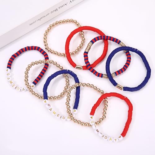 NLCAC 9 Pack Game Day Bracelets Stackable Heishi Beaded Stretchy Bracelet Preppy Jewelry Baseball Football Team Bracelets Sports Fan Accessories Gifts (Red Blue)