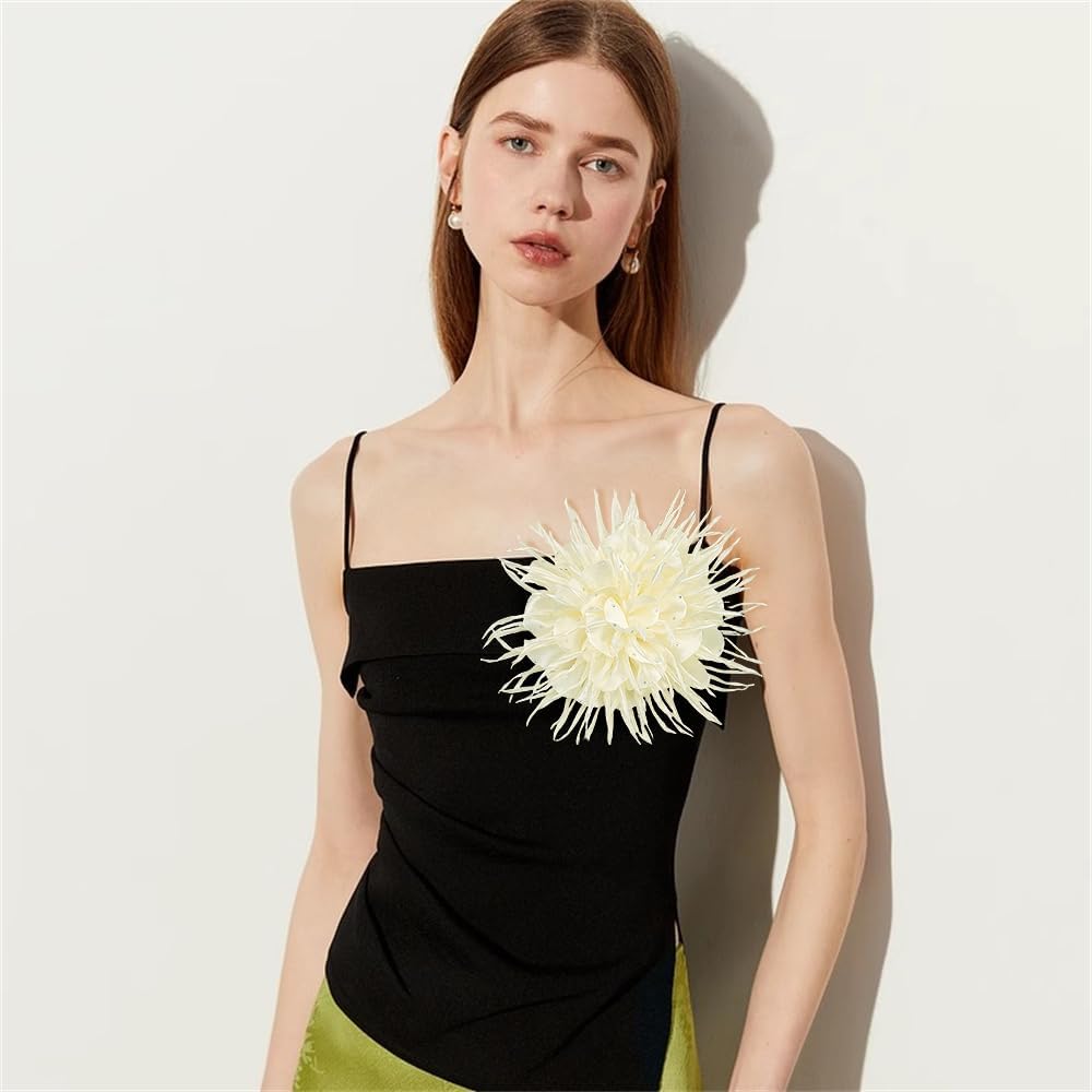 18cm/7in Dainty Spiky Fabric Flower Brooch Pin for Women Girls Elegant Crystal Colorful Pom-Pom Fluffy Floral Peony Brooches Lapel Hair Pins Trendy Party Dress Accessories Jewelry image 2