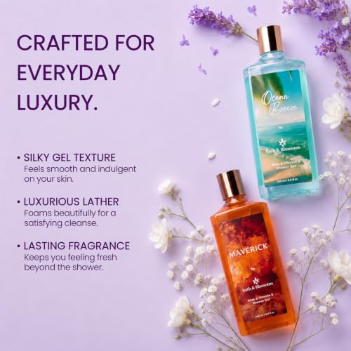 Image of Bath & Blossoms Maverick & Ocean Breeze | Duo Shower Gel Collection | Crisp Aquatic meets Bold Citrus & Spice | 2 x 260 ml | Aloe Vera & Vitamin E | Vegan & Paraben Free | Premium Body Care | Luxury Gifting