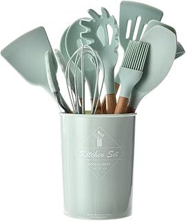 11-Piece Silicone Kitchen Utensil Set with Wooden Handles and Heat Resistant Cooking Tools for Non-Stick Cookware (Aqua Green)