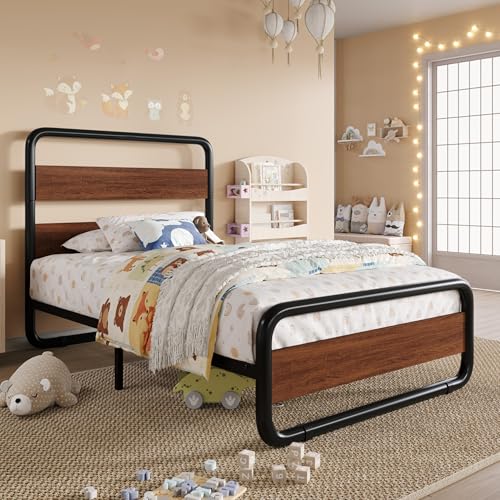 Image of SHA CERLIN Twin Size Metal Bed Frame with Wooden Headboard, Walnut