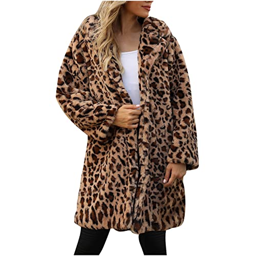 Hatoys Womens Jackets Faux Fur Leopard Print Cardigan Open Front Lapelled Oversized Short Plush Coat Soft Fluffy Jacket