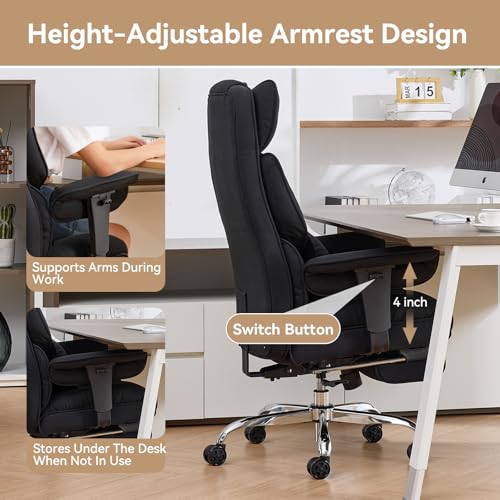 Efomao Big and Tall Office Chair, Ergonomic Executive Chair with Footrest, Fabric Computer Desk Chair with Lumbar Support, Black Gaming Chair