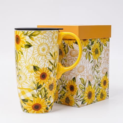 Mug de cerámica 17oz con tapa y asa diseño girasol miniatura 1