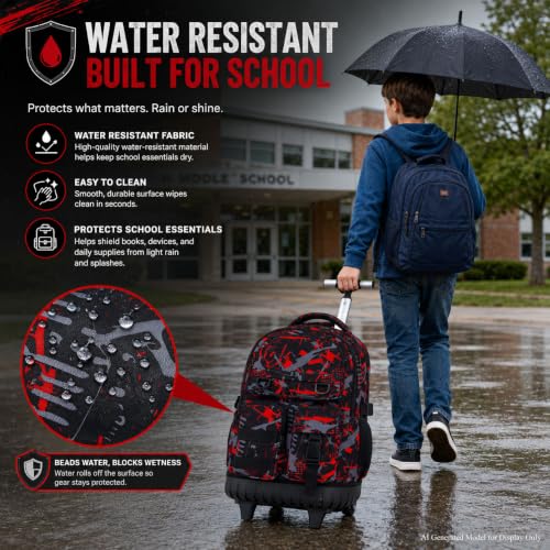Image of CCJPX 3Pcs Rolling Backpack for Boys, Roller Wheeled School Bookbag, Graffiti Wheels Backpacks with Lunch Box for Kids (Red)