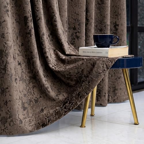 Image of IVAZA Premium Velvet Burnout Pattern 70% Blackout Opaque Curtains - Thermal Insulated, Heavy Blackout Opaques, Room Darkening Curtain for Long Door 10 Feet Pack of 2 Coffee Burnout