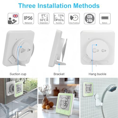 YiChZhe Badezimmer Wecker Badewannentimer‌,Wasserfest Digitale Badezimmeruhr, Baduhr Duschtimer mit Hygrometer und Thermometer,LCD-Display,Countdown Timer,für Dusche, Küche,Familienalltag-Grün