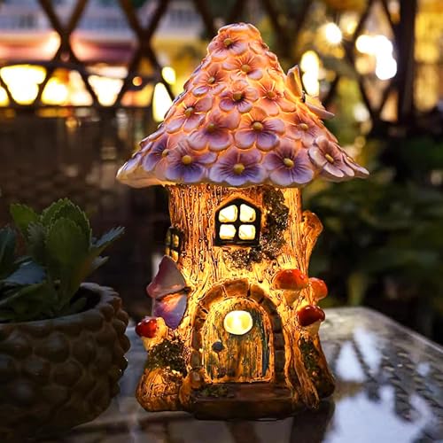 Syfunlv Decoration Jardin Exterieur,Maison de Champignon de fée extérieure, Maison de Fée Champignon en Résine avec Lampe Solaire,étanche IP44,6-12...