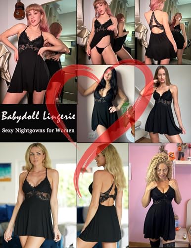 Image of Avidlove Sexy Modal V Neck Lace Babydoll Lingerie Dress Set with Thong 2 Piece