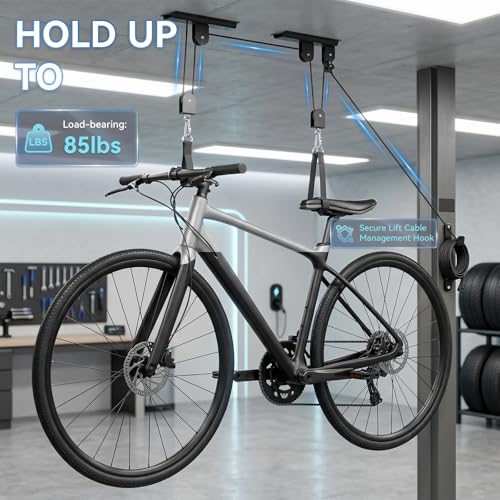 2-Pack-Bike-Hoist-Heavy-Duty-Ebike-Lift-Pulley-System-for-Garage-Ceiling-Overhead-Storage-for-Bicycle-Ladders-Snowboard-Holds-Up-to-85-lbs-Capacity
